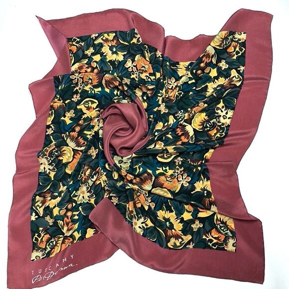 Tuscany Per Donna Silk Crepe Scarf Hand Rolled Mauve Taupe Floral - Picture 1 of 12